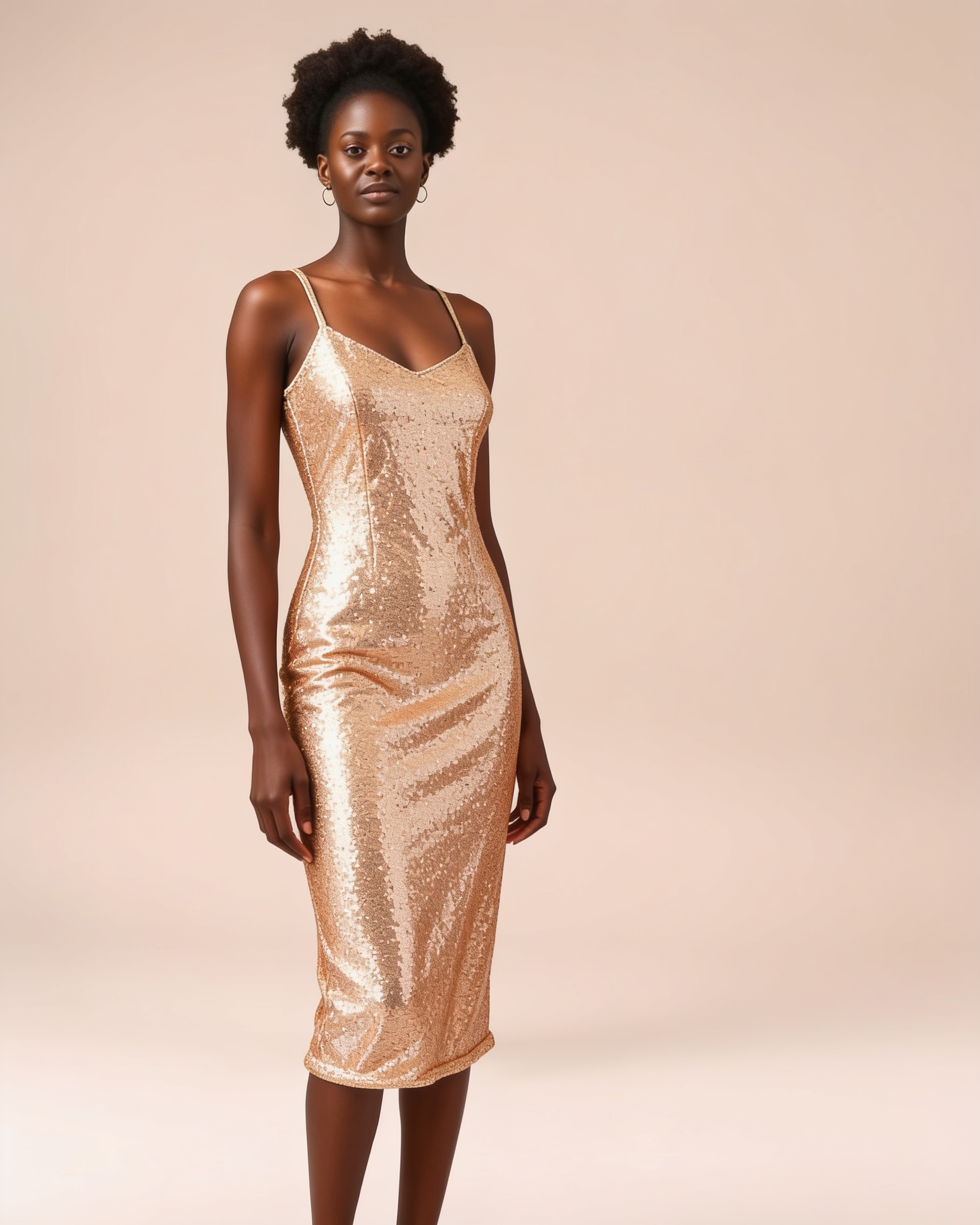 AI virtual try-on result showing a gold shimmer dress on a model