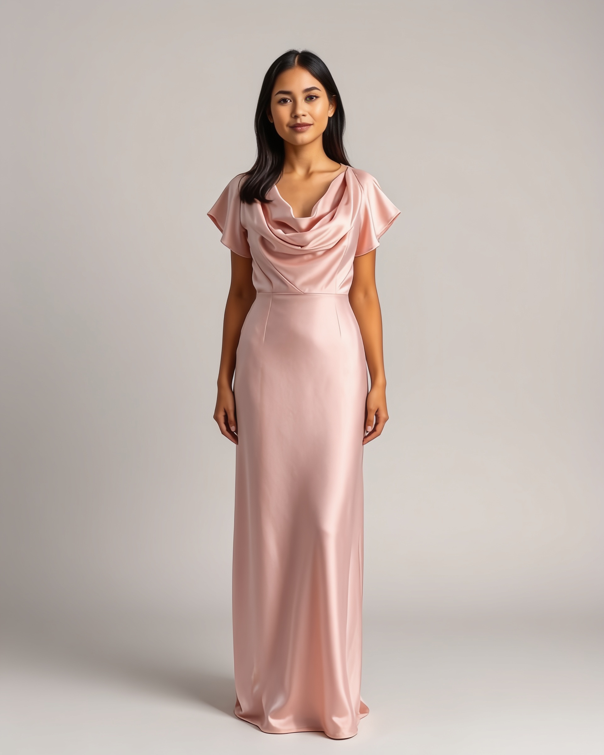 AI render of a blush prom dress on an AI model — the dress you chose, rendered on your photo rather than a stylist's pick