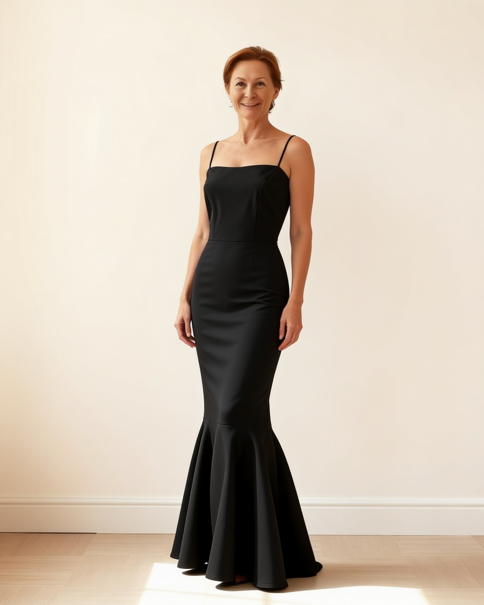 AI render of the Noir Little Black Dress on an AI model — one flat-lay becomes an on-model listing photo