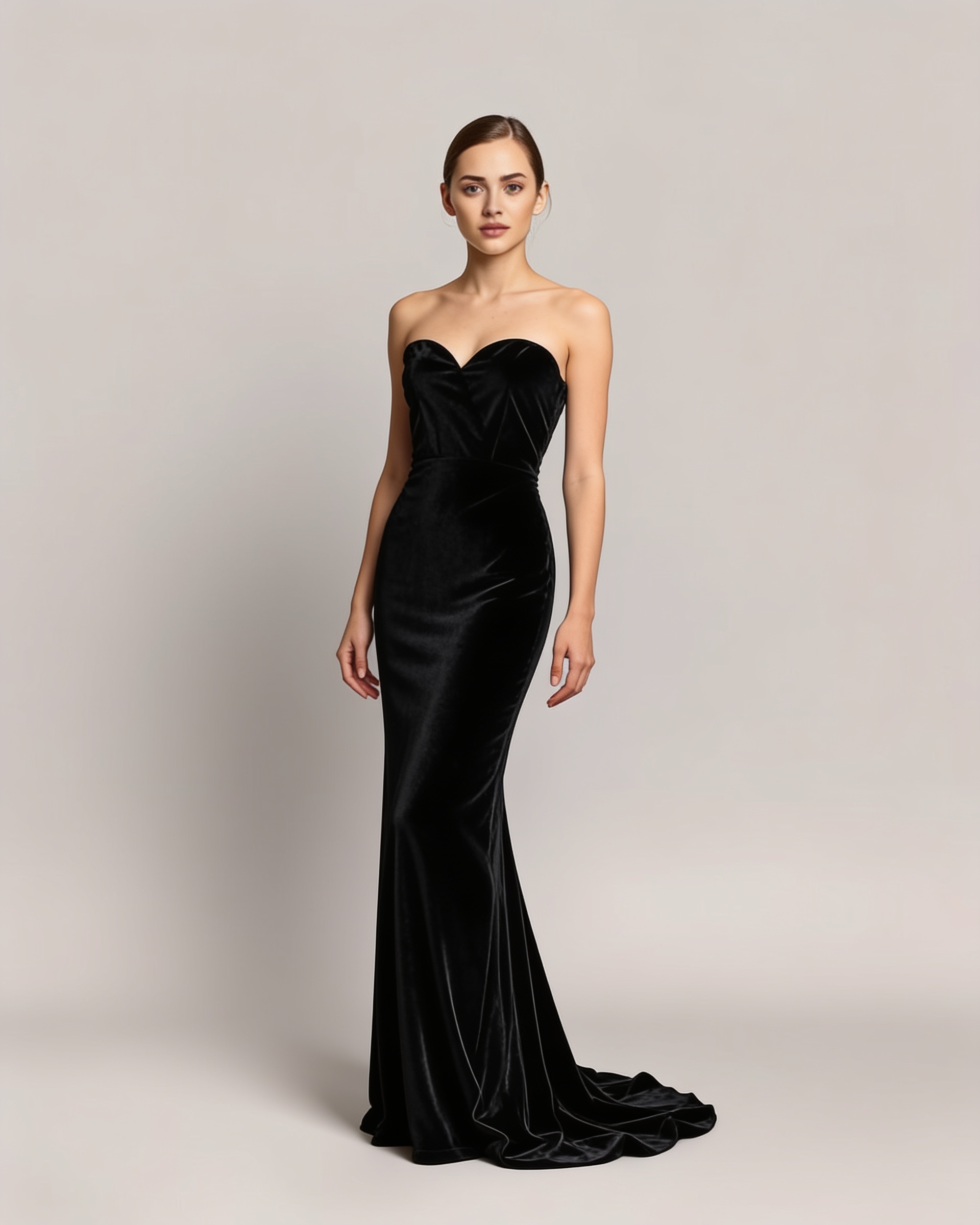 A photo where the dress was changed with AI: velvet gown with a train, same face and pose