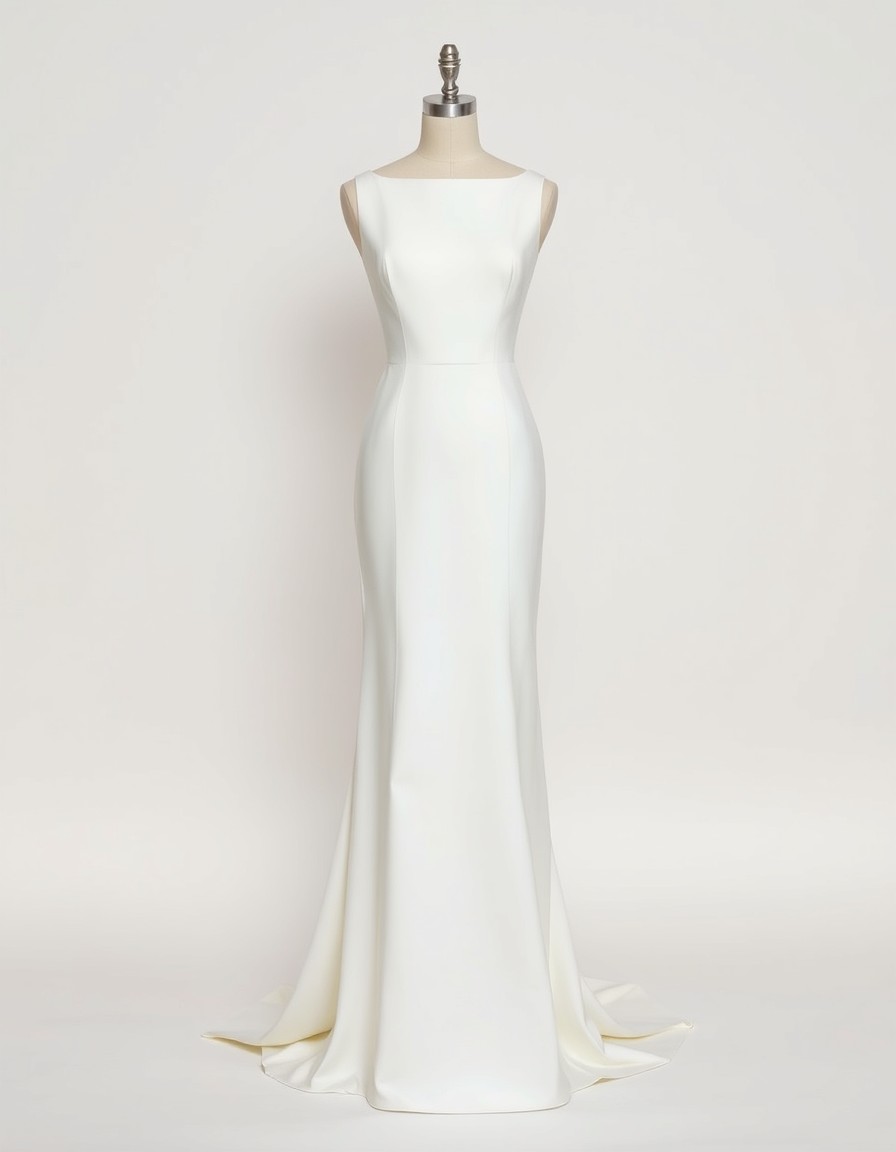 Bateau Sheath — ivory crepe sheath wedding dress with a high bateau neckline and a slim chapel train