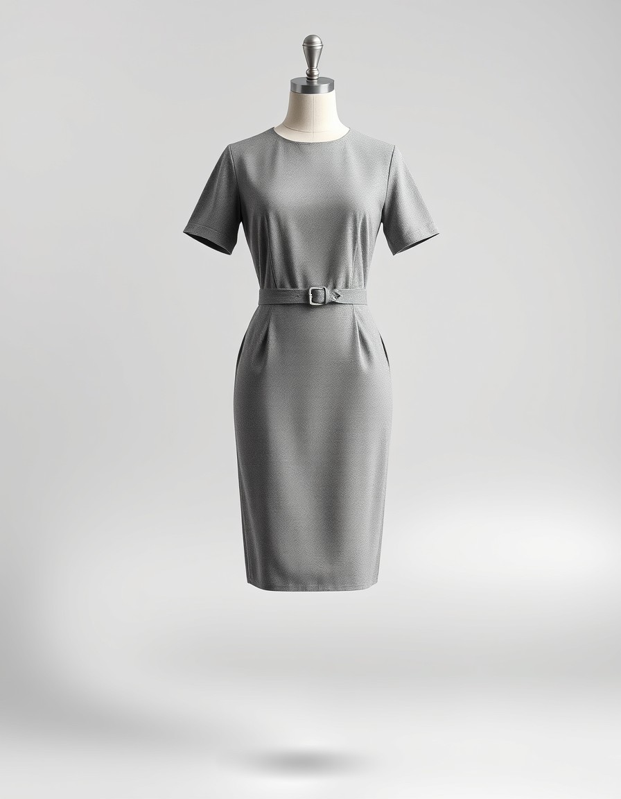 Belted Grey — grey pencil dress with short sleeves, a round neckline and a buckled waist belt