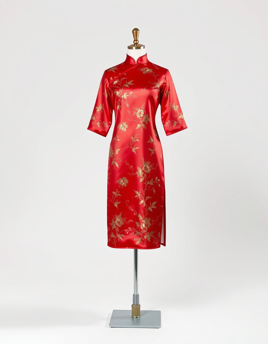 Blossom Qipao — red silk qipao cheongsam with golden floral embroidery and a mandarin collar