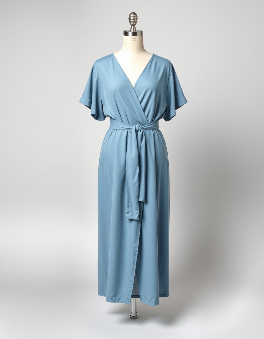 Blue Wrap — dusty blue wrap midi dress with a v-neckline, flutter sleeves and a tie waist