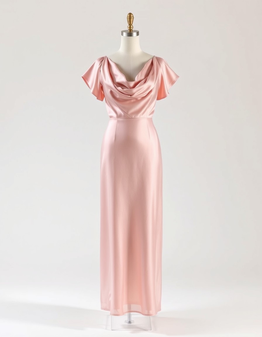 Blush Cowl Gown — blush pink satin gown with a draped cowl neckline and short flutter sleeves