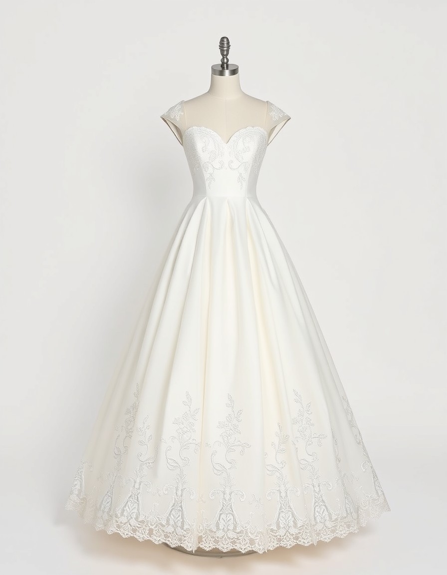Cap Sleeve Ballgown — ivory ballgown wedding dress with cap sleeves, a sweetheart bodice and lace appliqués on the skirt