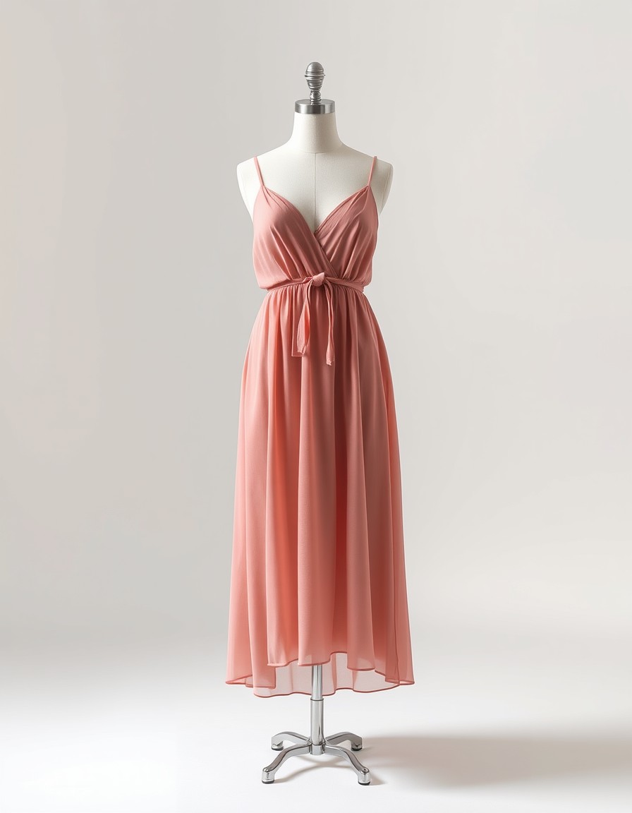 Coral Chiffon — coral chiffon midi dress with a wrap v-neckline, spaghetti straps and a tie waist