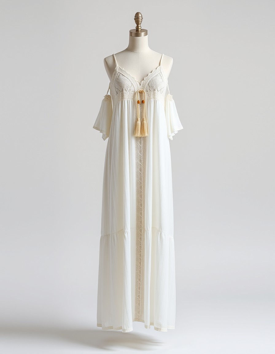 Cream Crochet — cream boho maxi dress with crochet lace panels, cold-shoulder flutter sleeves and tassel ties