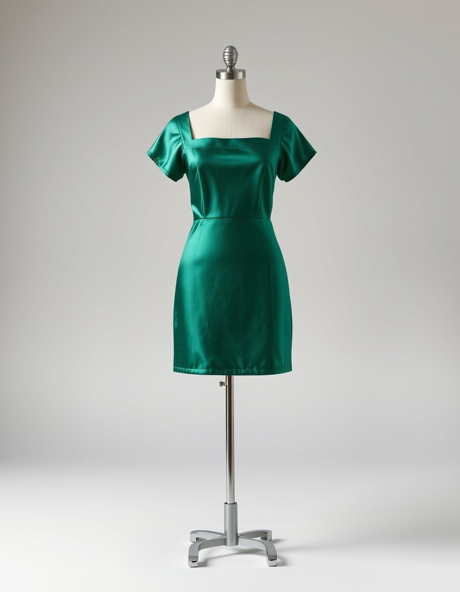 Emerald Satin — emerald green satin mini dress with a square neckline and short sleeves