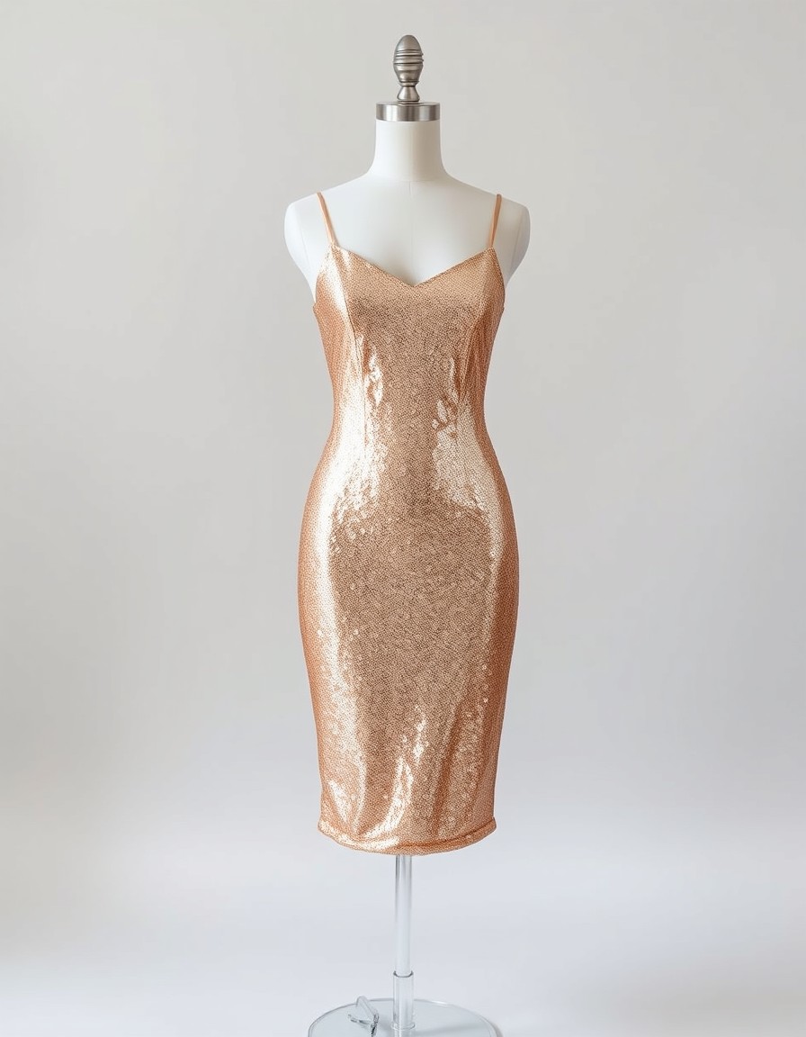 Gold Shimmer — champagne gold sequin bodycon midi dress with thin straps and a v-neckline