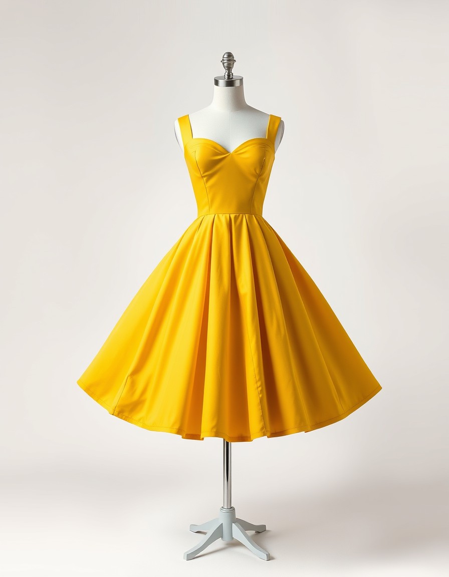 Golden Swing — mustard yellow swing dress with a sweetheart neckline, wide straps and a pleated skirt