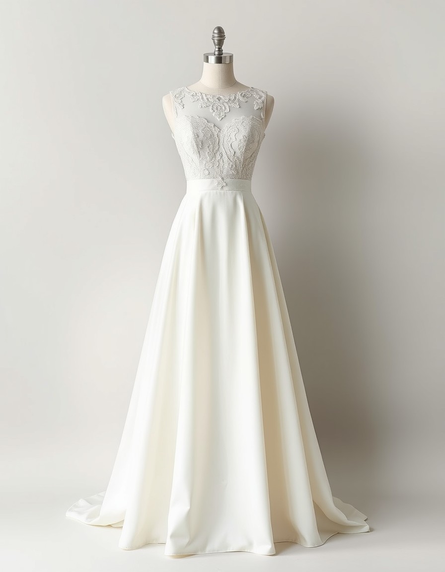 Illusion A-Line — ivory a-line wedding gown with an illusion lace bodice, delicate beadwork and a satin skirt