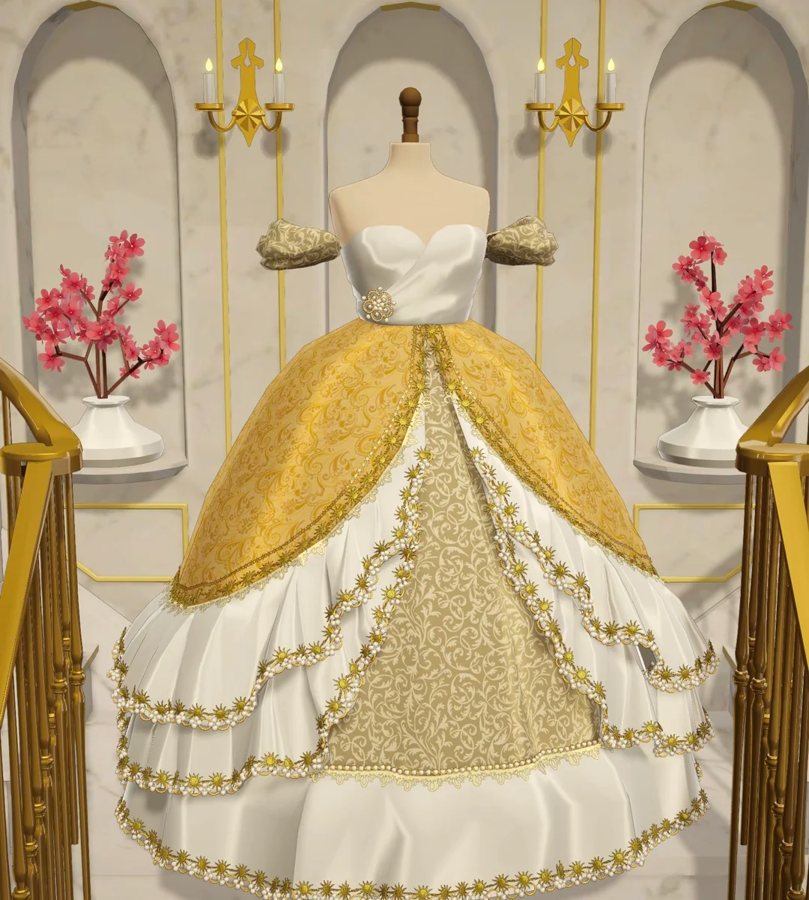 Ivory Royale — ivory and gold royal gown with a pleated skirt and fitted bodice