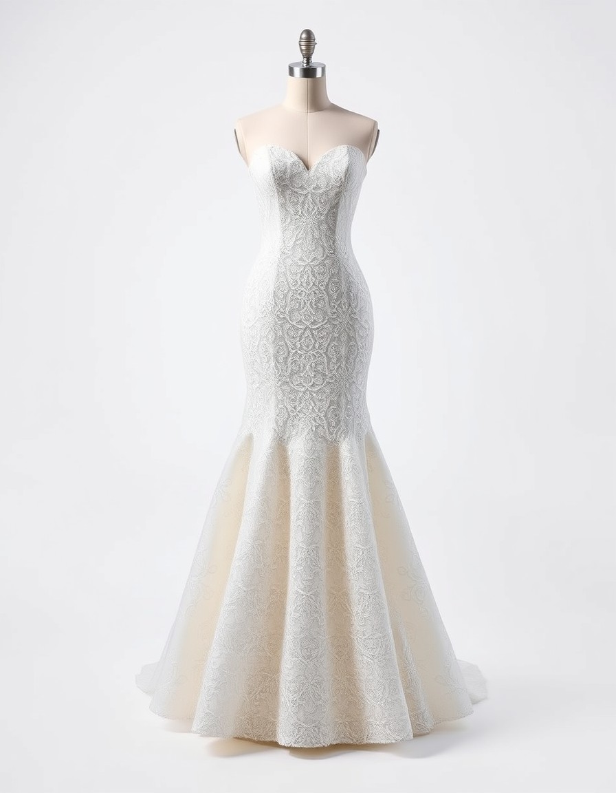 Lace Mermaid — ivory lace mermaid wedding gown with a sweetheart neckline and a flared hem