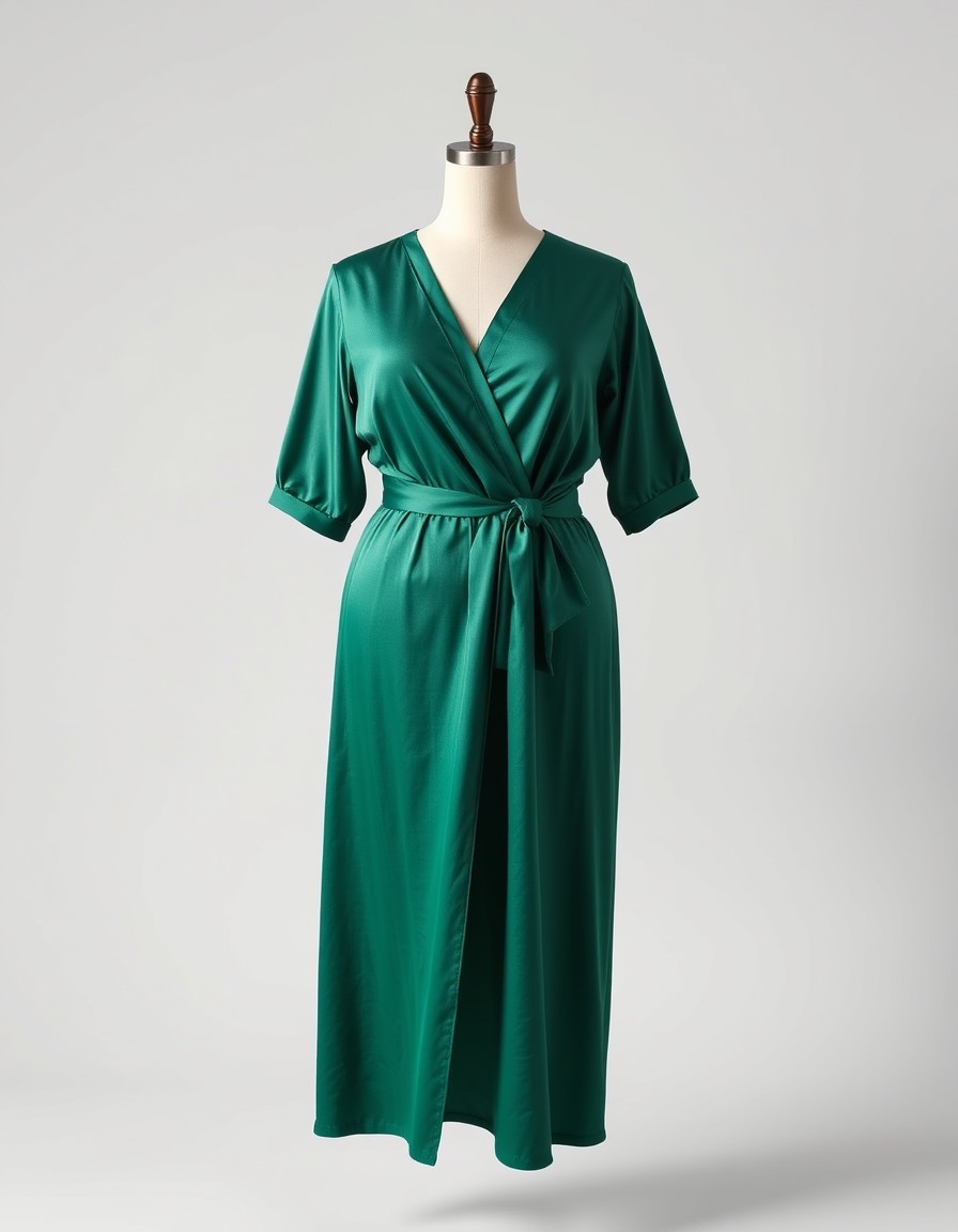 Malachite Wrap — emerald green satin wrap dress with three-quarter sleeves and a tie waist