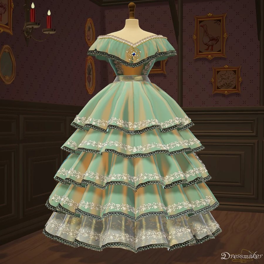 Mint Confection — mint green tiered ball gown with off-shoulder neckline, white floral lace trim on each tier and a golden brooch