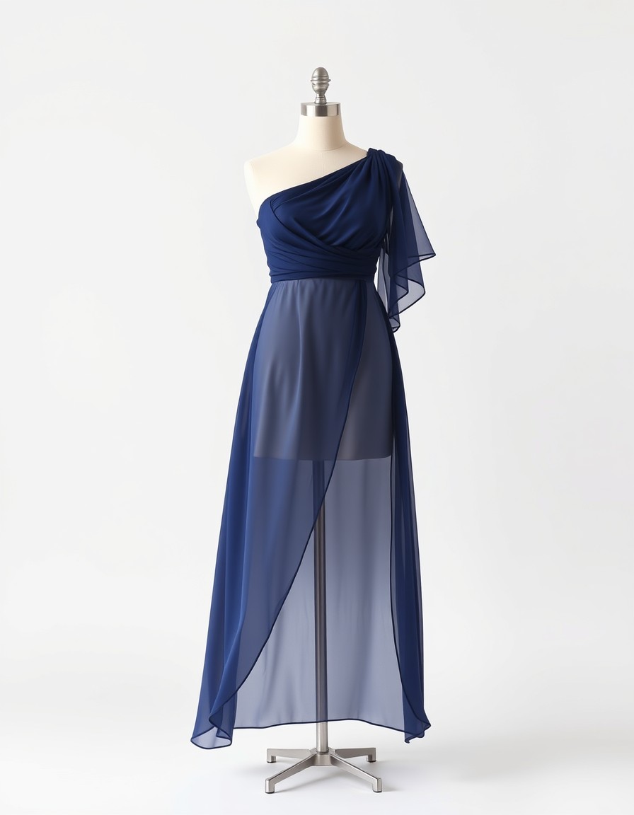 Navy Cascade — navy chiffon gown with a one-shoulder cascade drape and a sheer overlay skirt