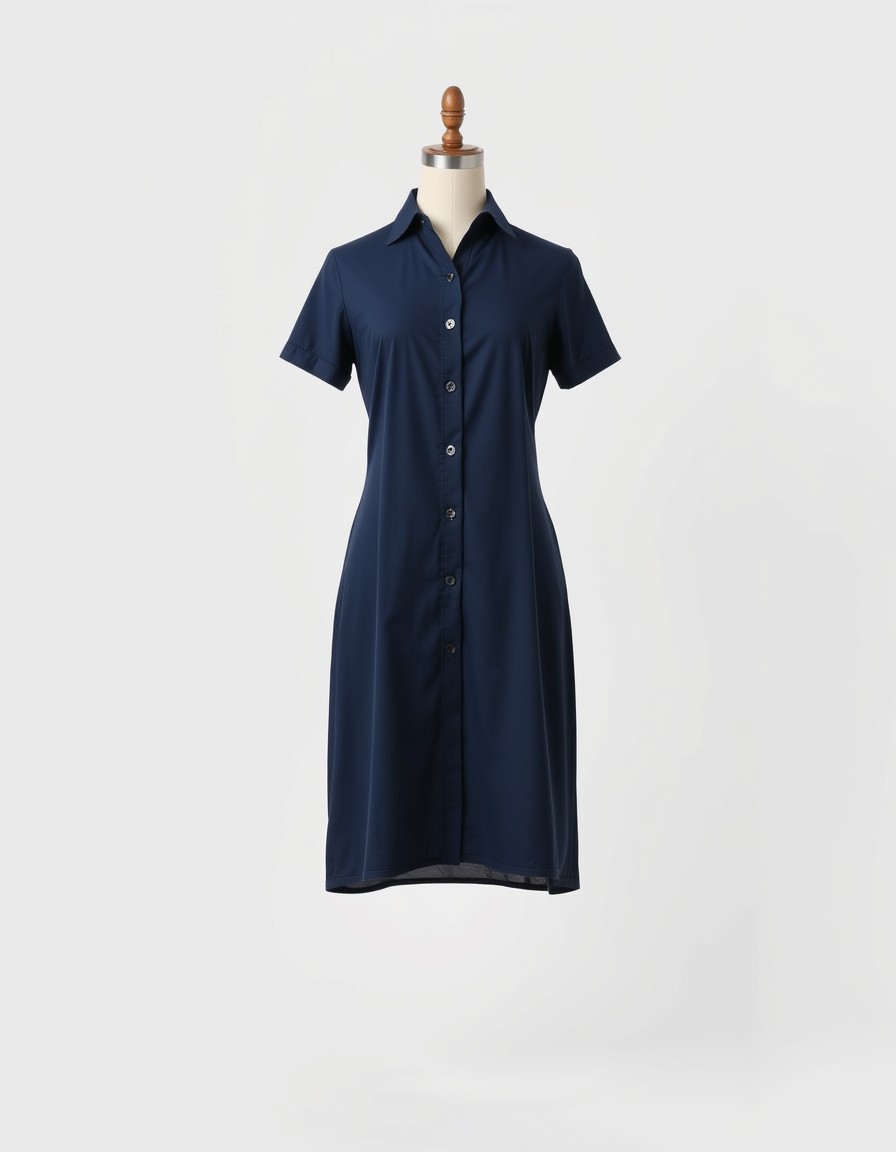 Navy Shirtdress — navy shirt dress with a collared neckline, button front and short sleeves