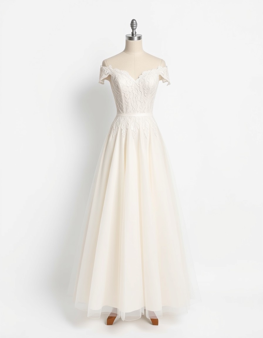 Off-Shoulder Lace — ivory off-shoulder lace wedding gown with a fitted lace bodice and a soft tulle skirt
