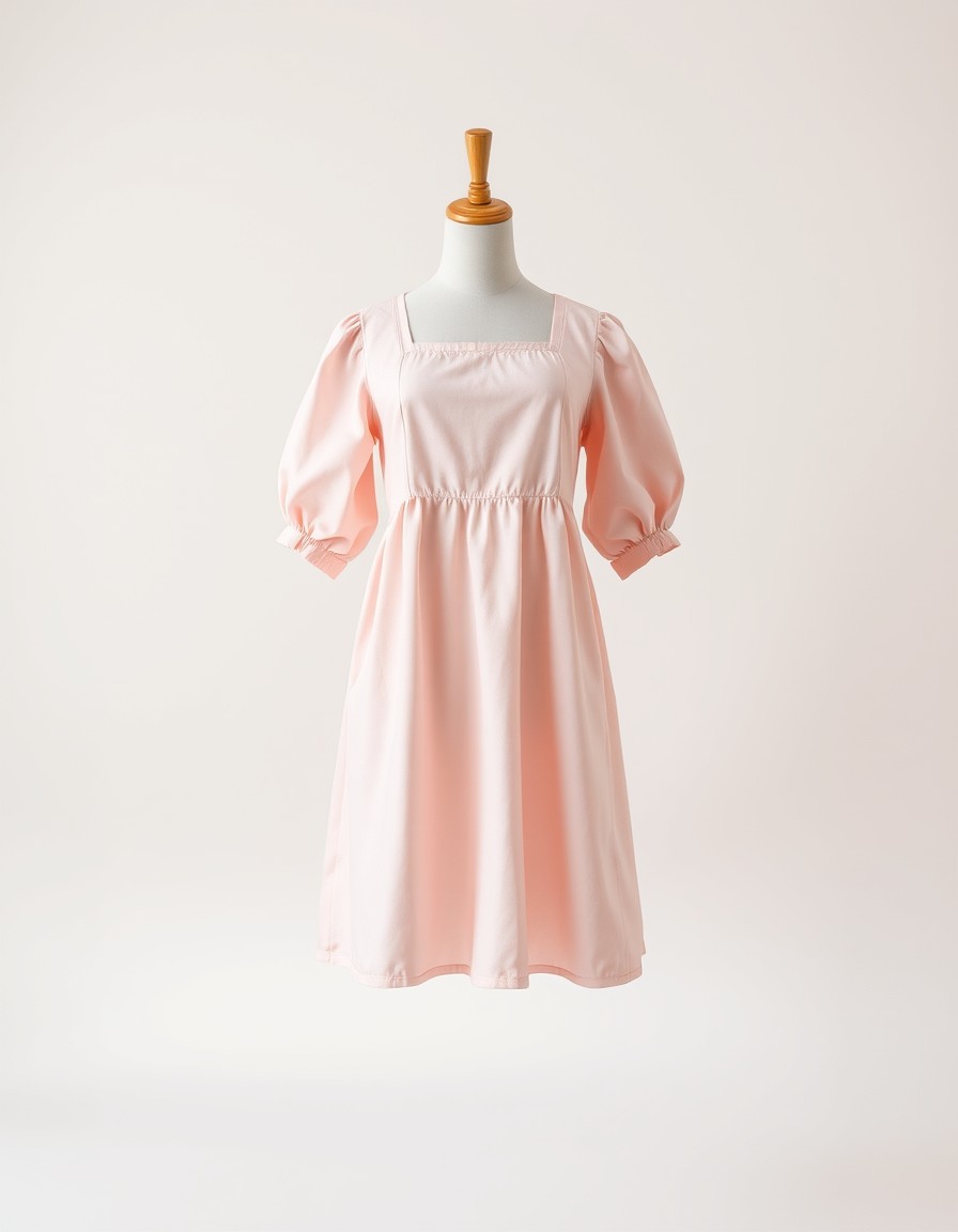 Peach Babydoll — blush pink babydoll dress with a square neckline, puffed elbow sleeves and a flowy skirt