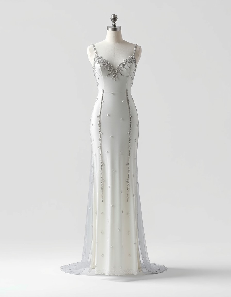 Pearl Vow — ivory bridal gown with silver crystal beading, thin straps and a chapel train