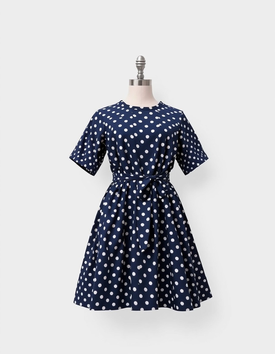 Polka Tie — navy polka-dot swing dress with short sleeves, a round neckline and a waist tie