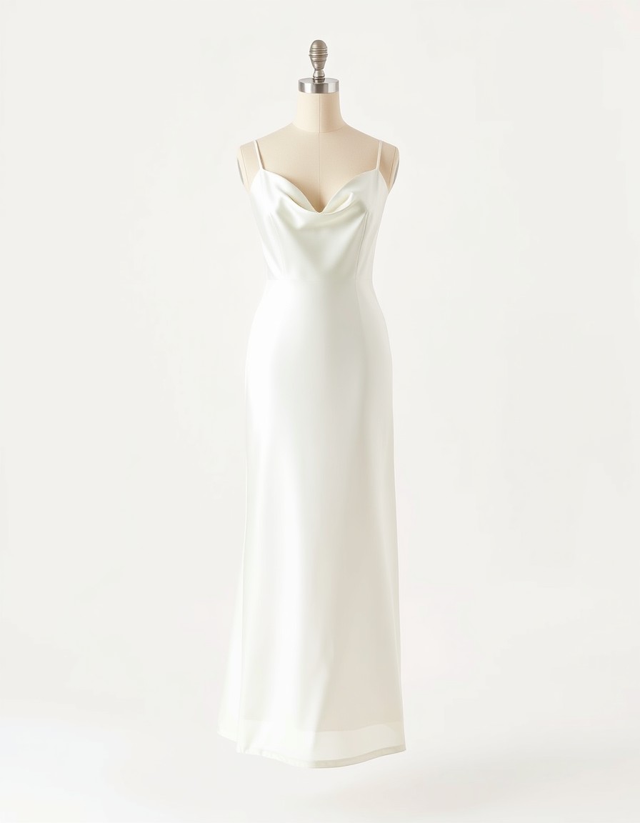 Pure Silk Sheath — minimalist ivory silk sheath wedding dress with a cowl neckline and thin straps
