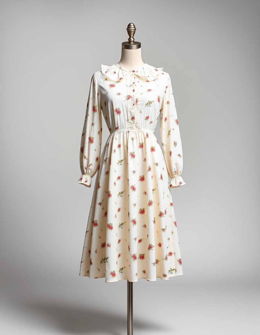 Rose Prairie — cream prairie midi dress with tiny red rose prints, ruffled collar and long cuffed sleeves