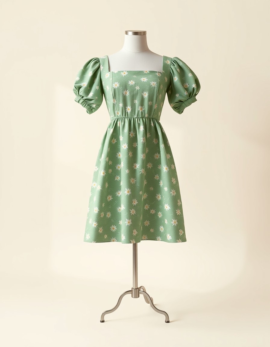 Sage Daisy — sage green midi dress with white daisy prints, square neckline, puff sleeves and a fitted waist