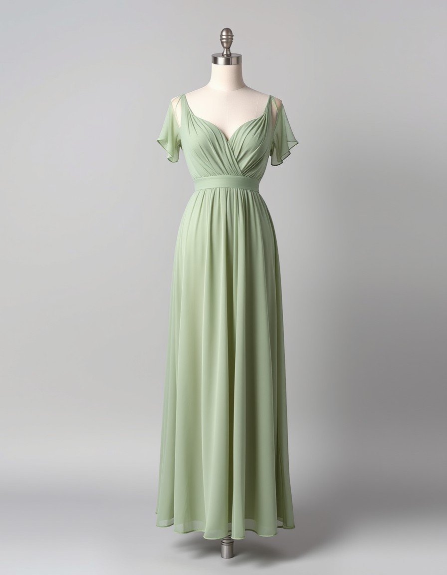 Sage Flutter — sage green chiffon gown with a shirred v-neckline, flutter sleeves and a flowy skirt