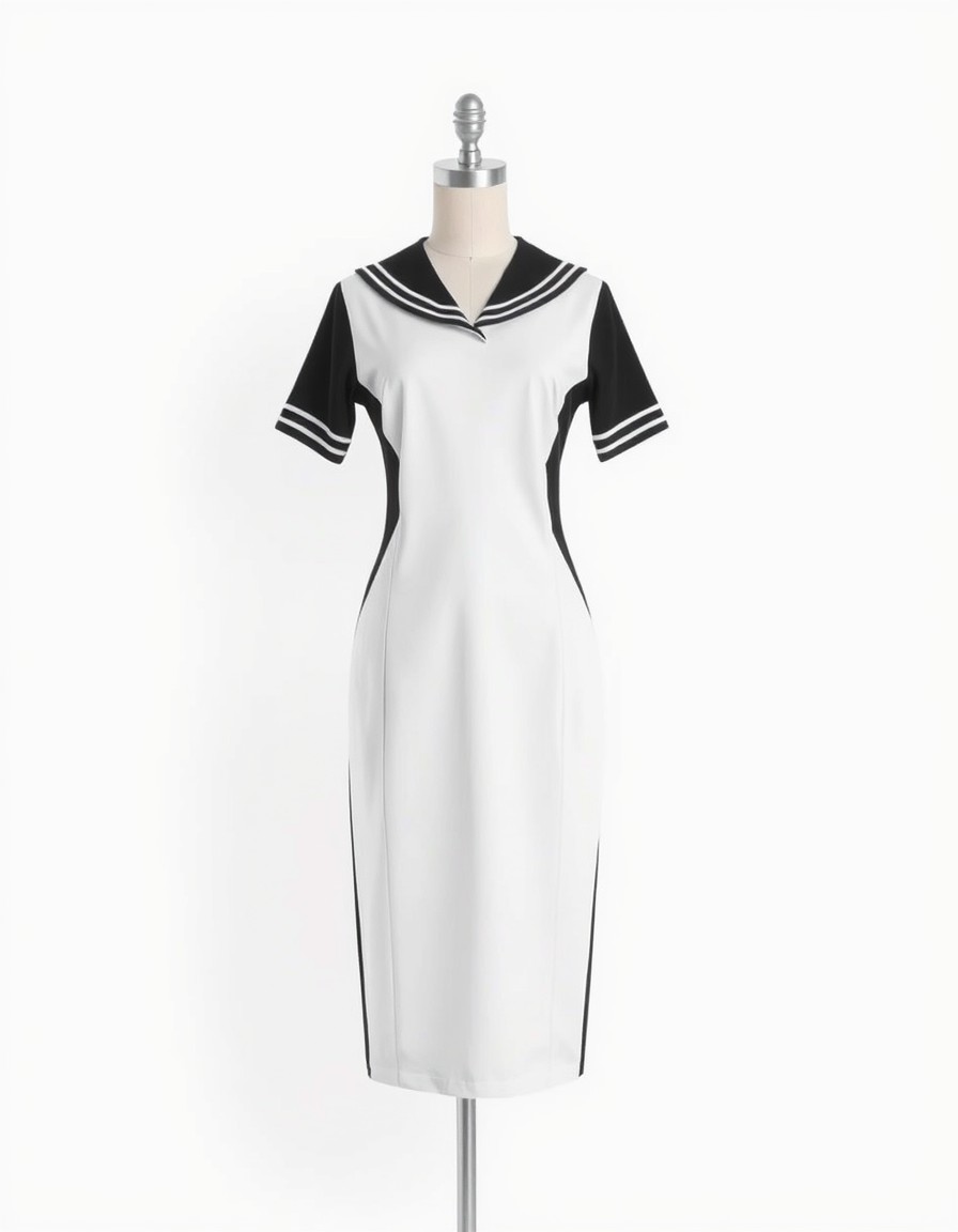 Sailor White — white midi sheath dress with a black sailor collar and striped cuff details