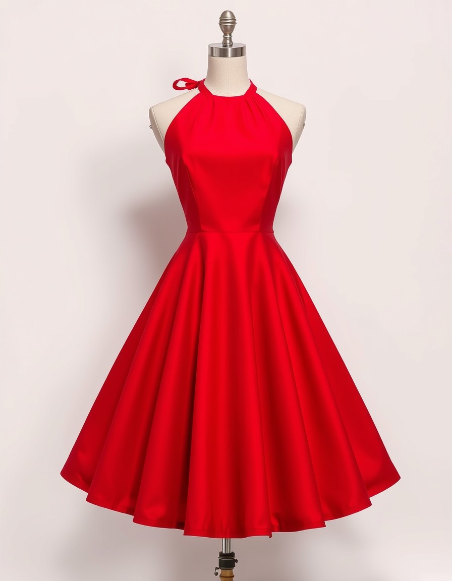 Scarlet Halter — red halterneck swing dress with a fitted bodice and a full midi skirt