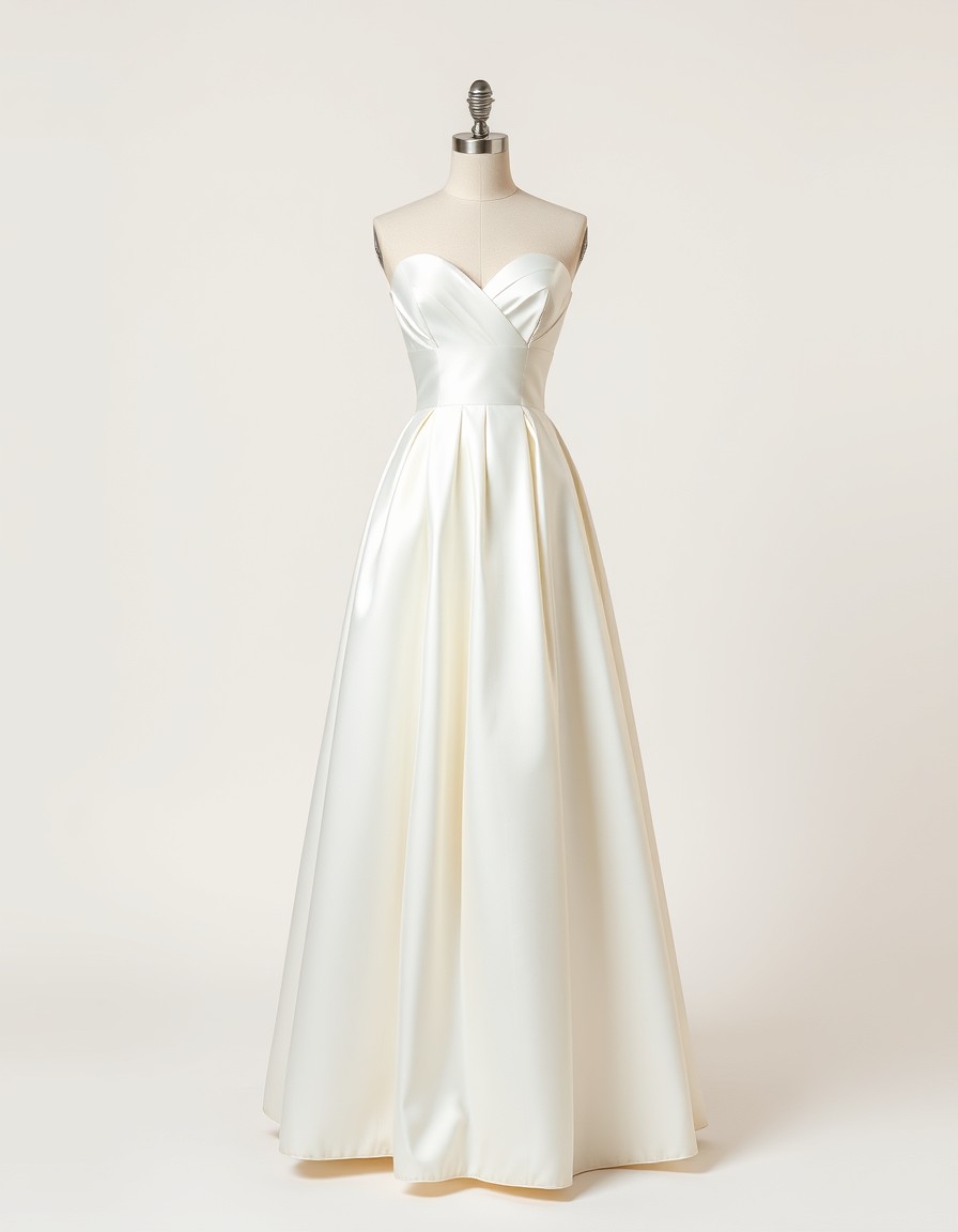 Soft A-Line — ivory satin a-line wedding gown with a pleated sweetheart bodice and thin straps