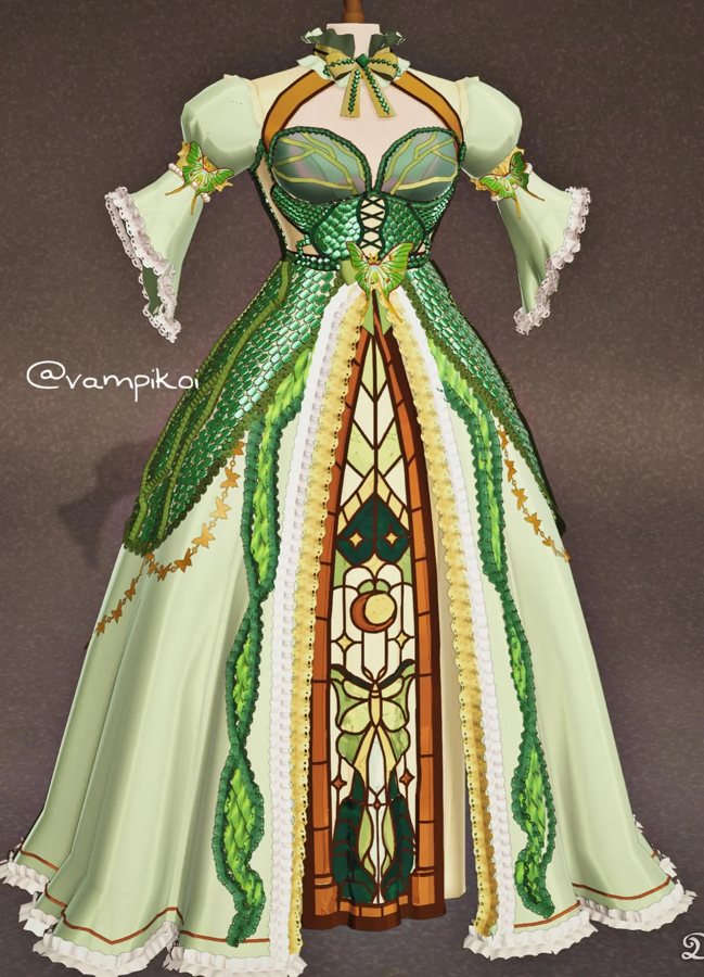 Stained Garden — green and white gown with stained-glass inspired panels and puffed sleeves