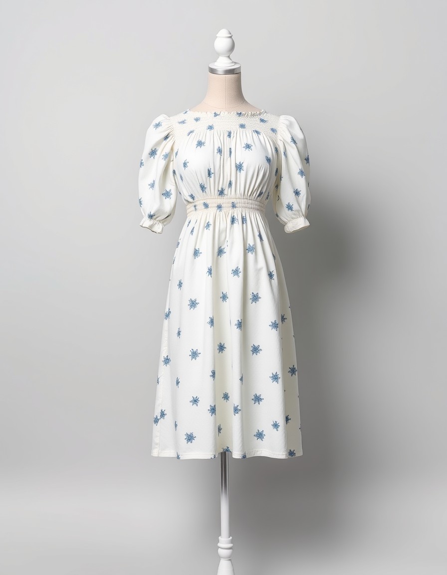 Star Smock — ivory midi dress with small blue star prints, smocked bodice, puff sleeves and a gathered waist