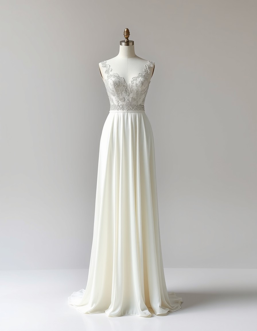 Starlit Flare — ivory fit-and-flare wedding gown with a crystal-beaded illusion bodice and a flowing chiffon skirt