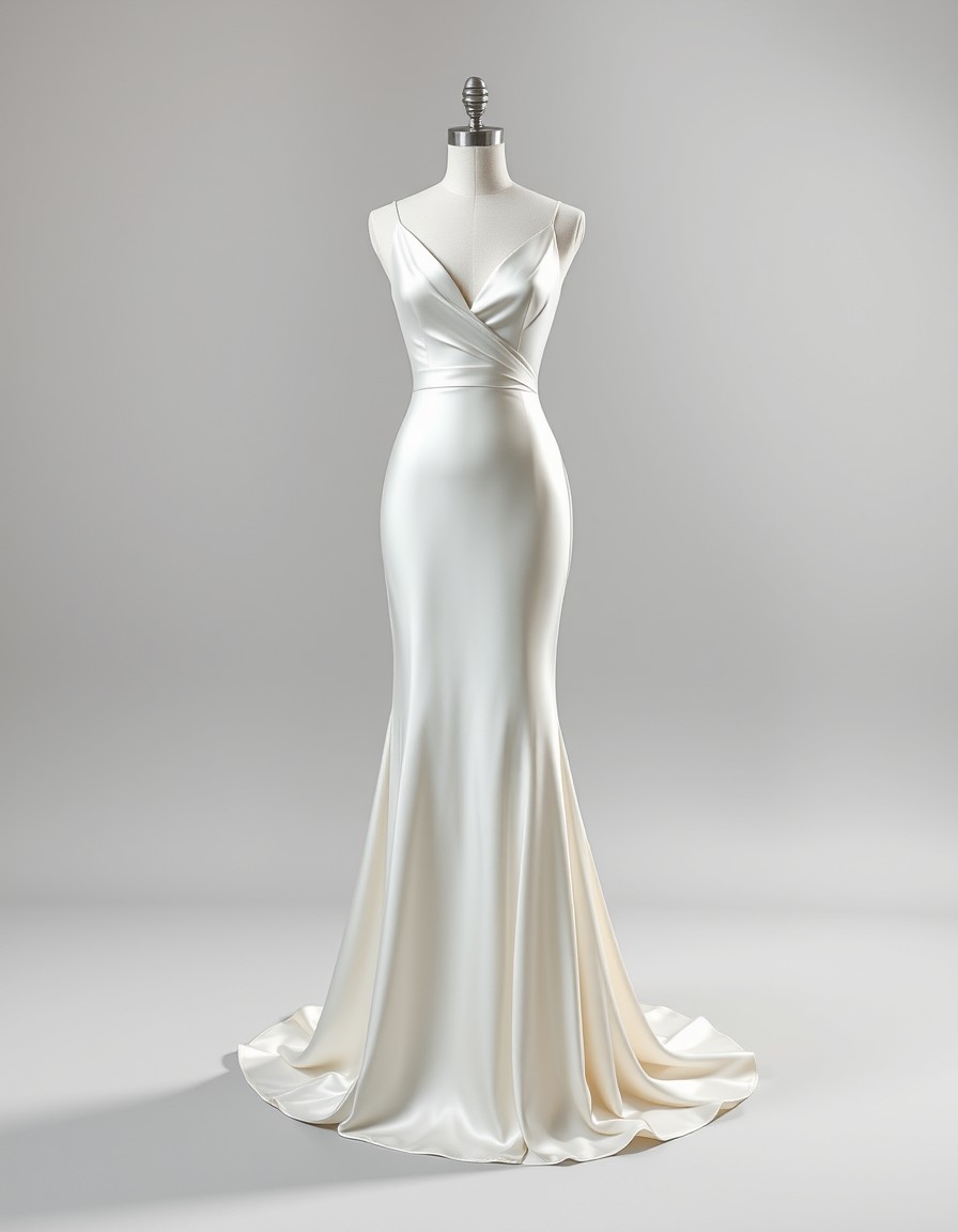V-Neck Mermaid — ivory silk mermaid wedding gown with a v-neckline and a small train