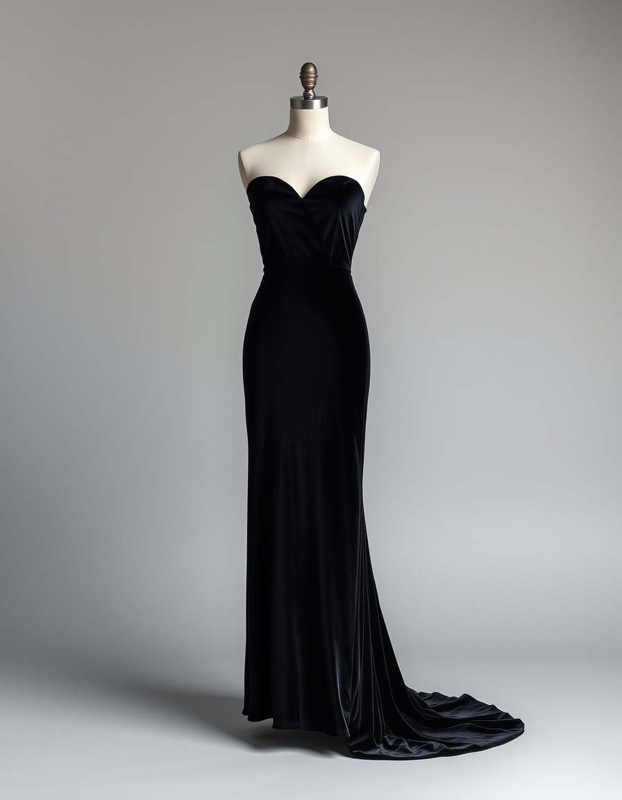Velvet Train — black velvet gown with a strapless sweetheart neckline and a sweeping train