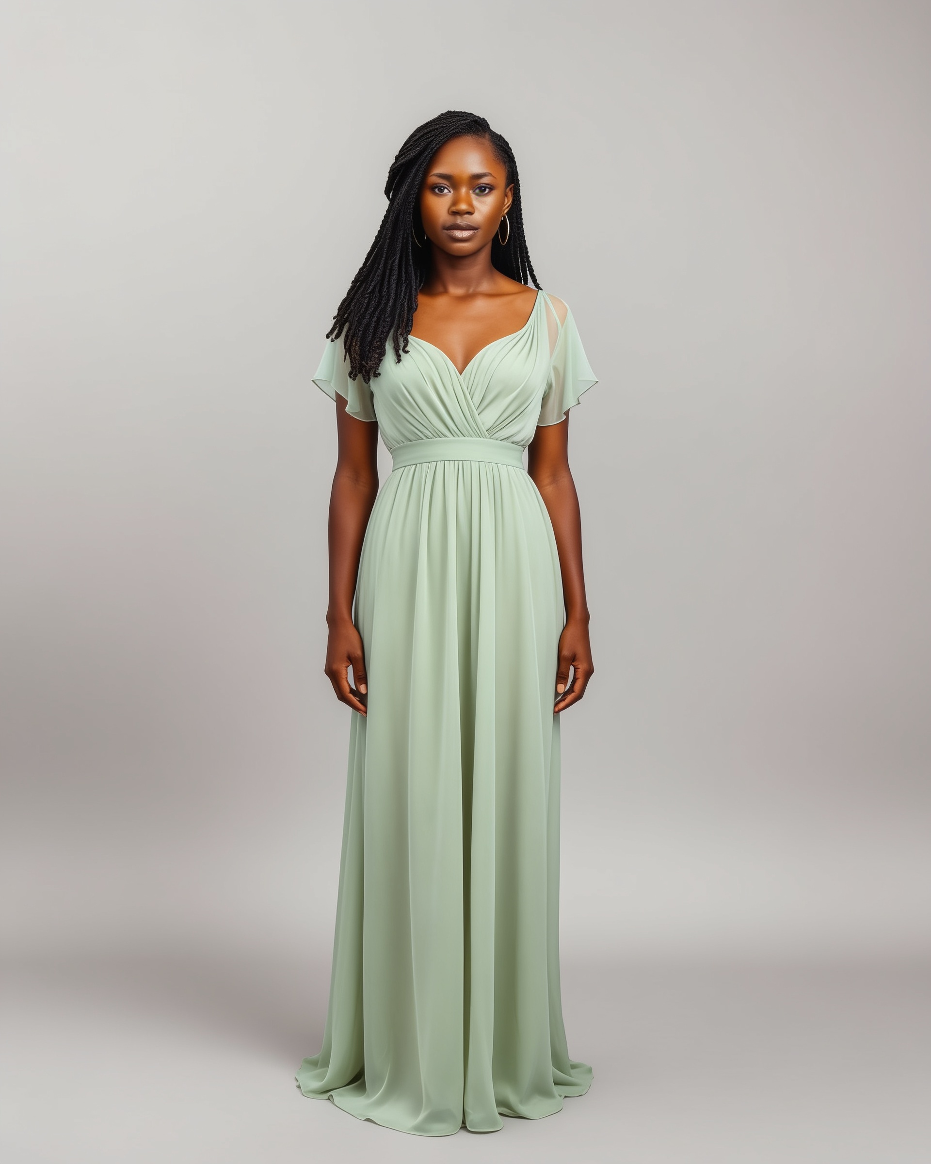 AI model wearing the Sage Flutter bridesmaid gown — group rental preview