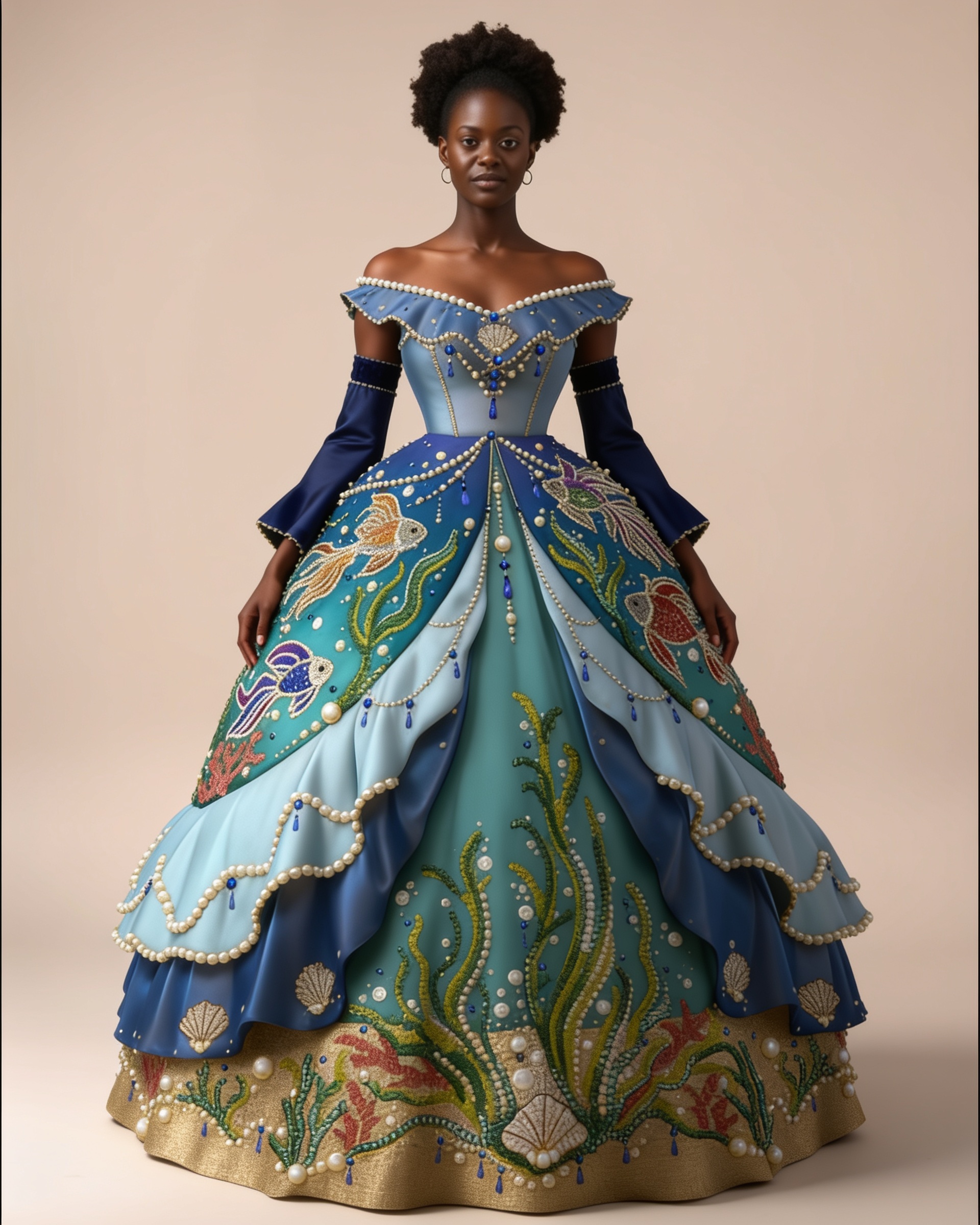 AI model wearing the Teal & Gold dress made in the Dressmaker game