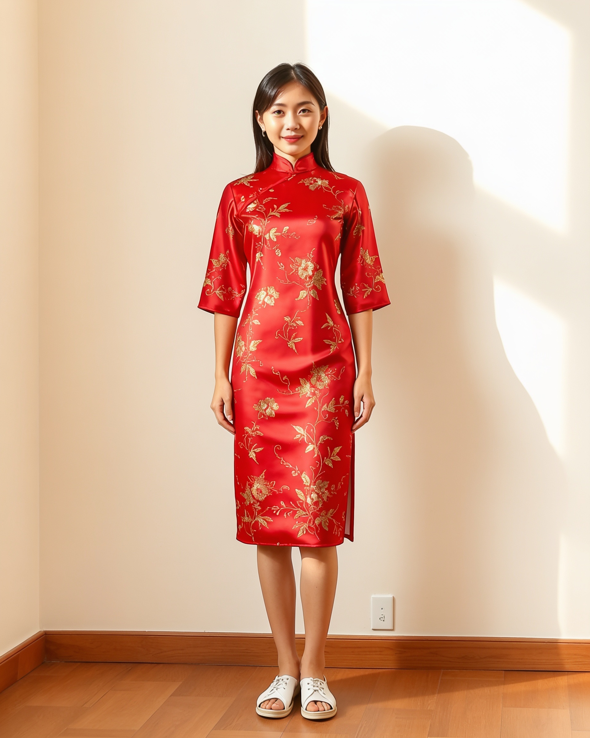 AI model wearing a red silk qipao — heritage portrait try-on