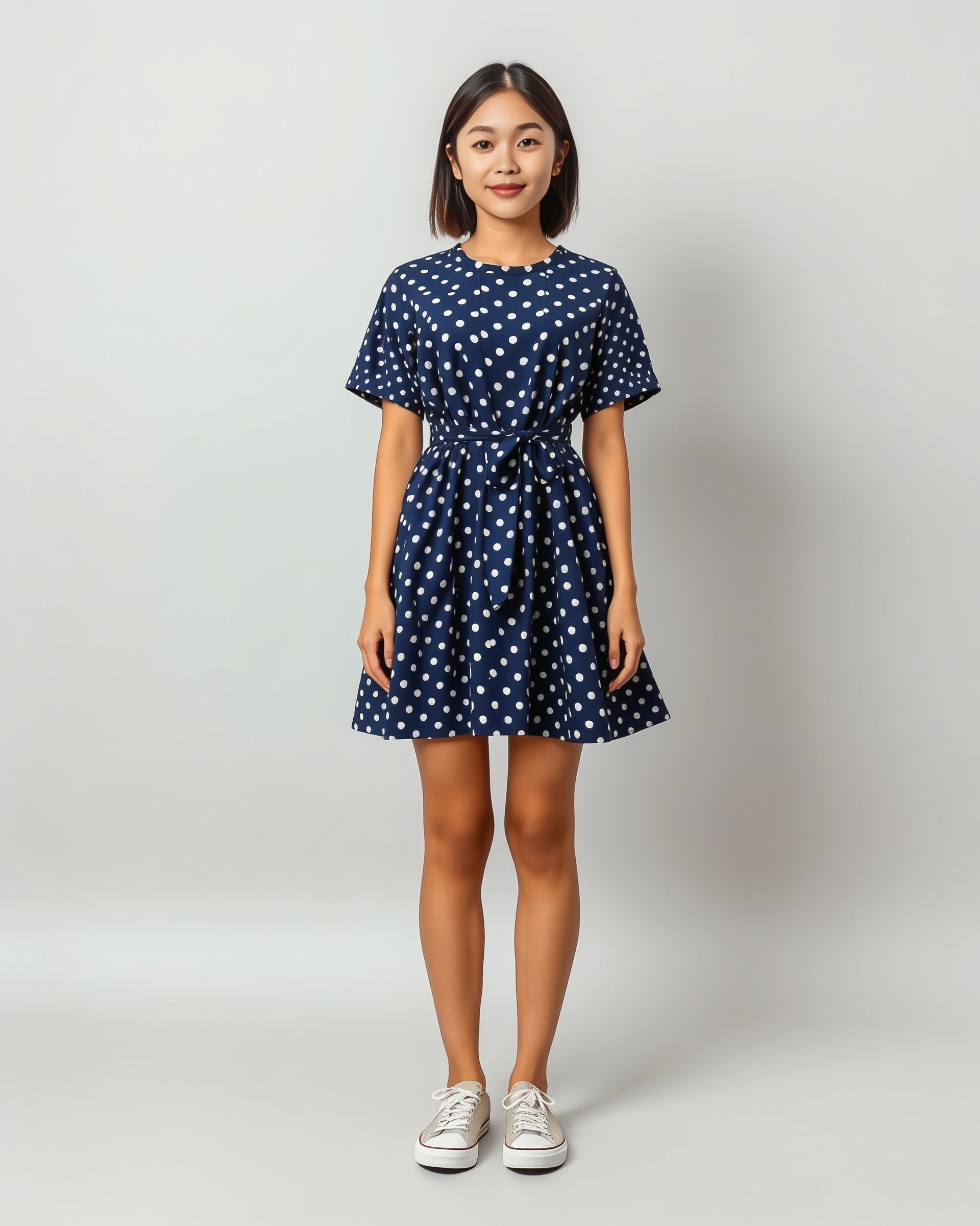 AI model wearing a navy polka-dot swing dress — vintage listing photo