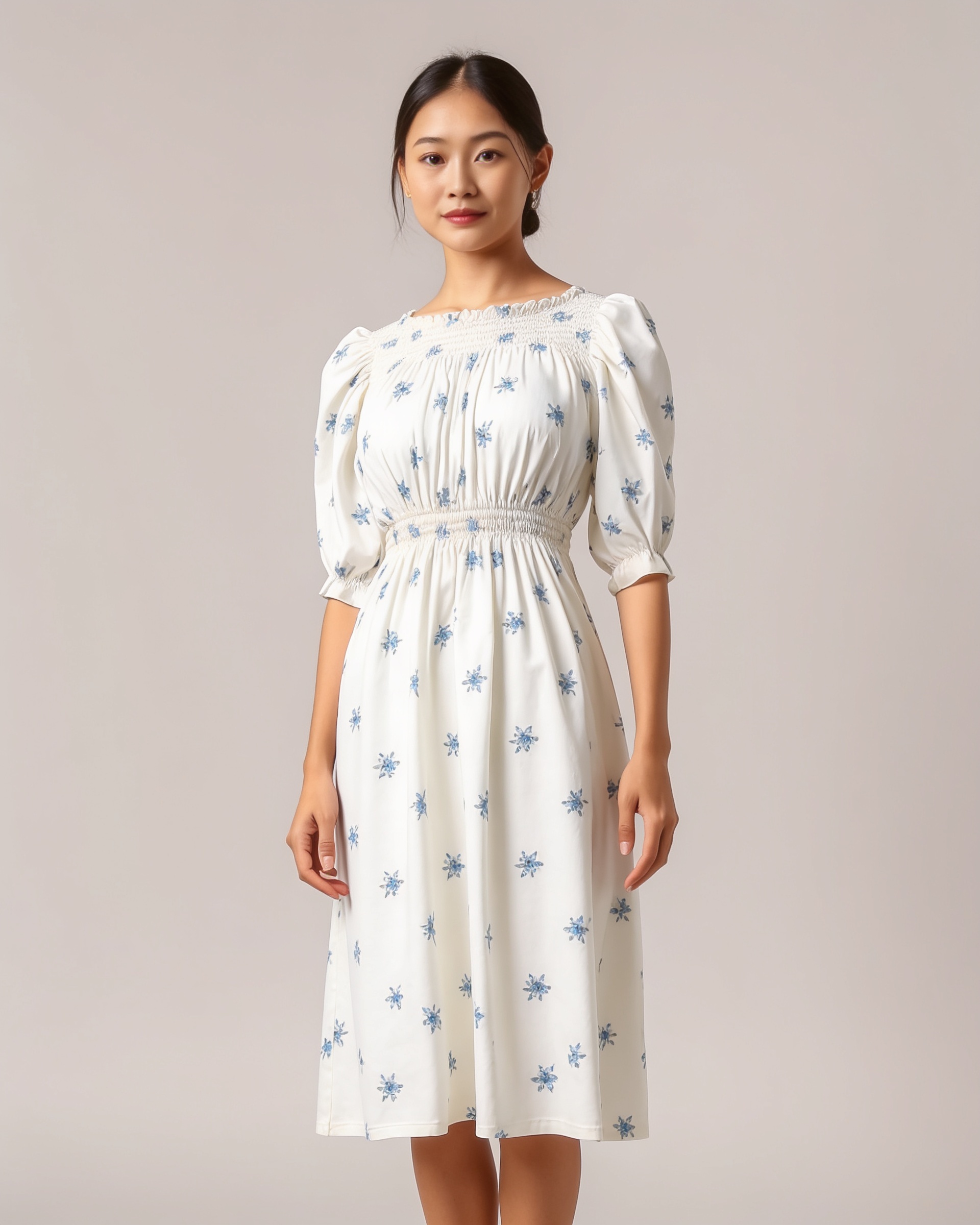 AI model wearing the Star Smock cottagecore midi dress